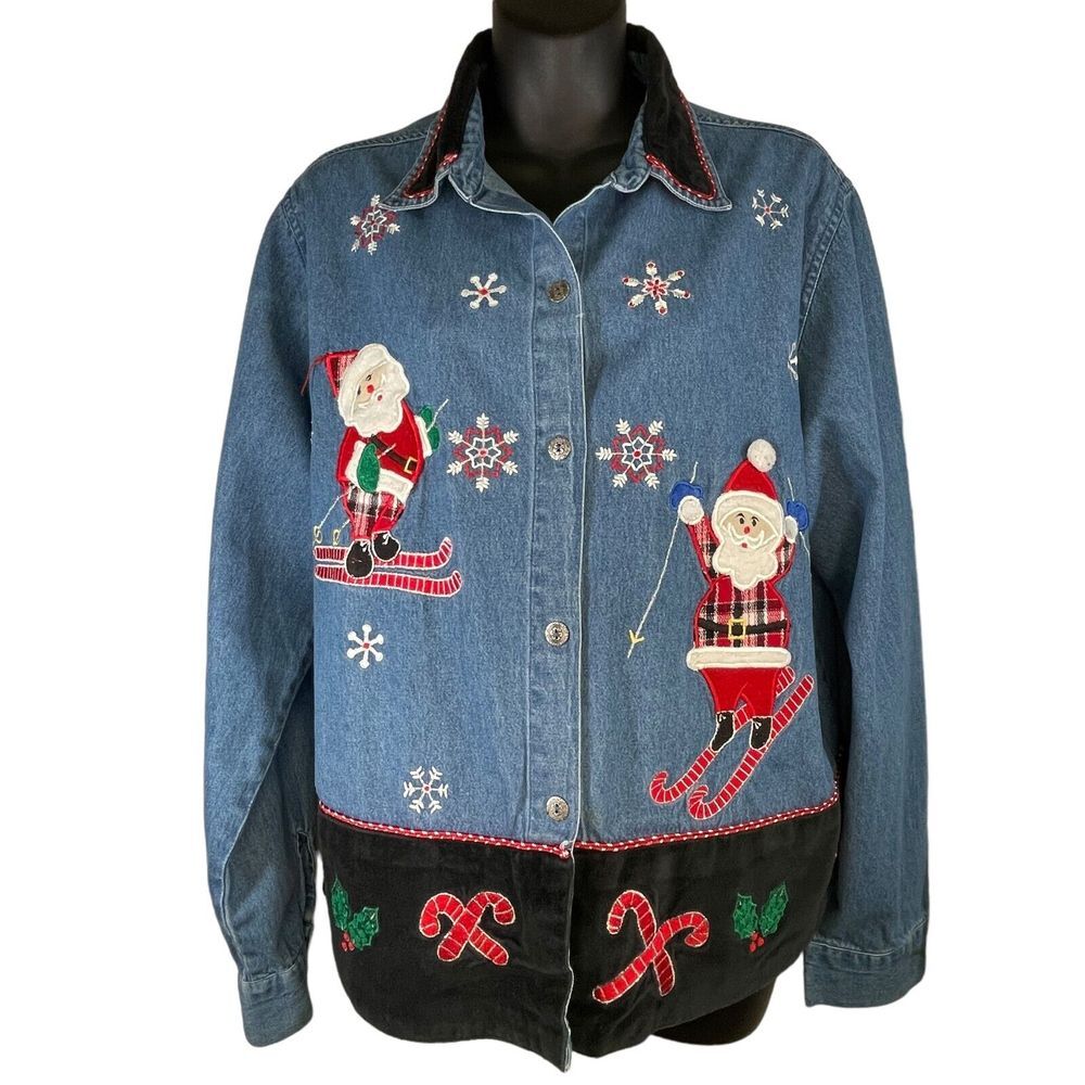 Dress Barn Long Sleeve Denim Christmas Shirt Skiing Santa Snow Velvet Trim Large